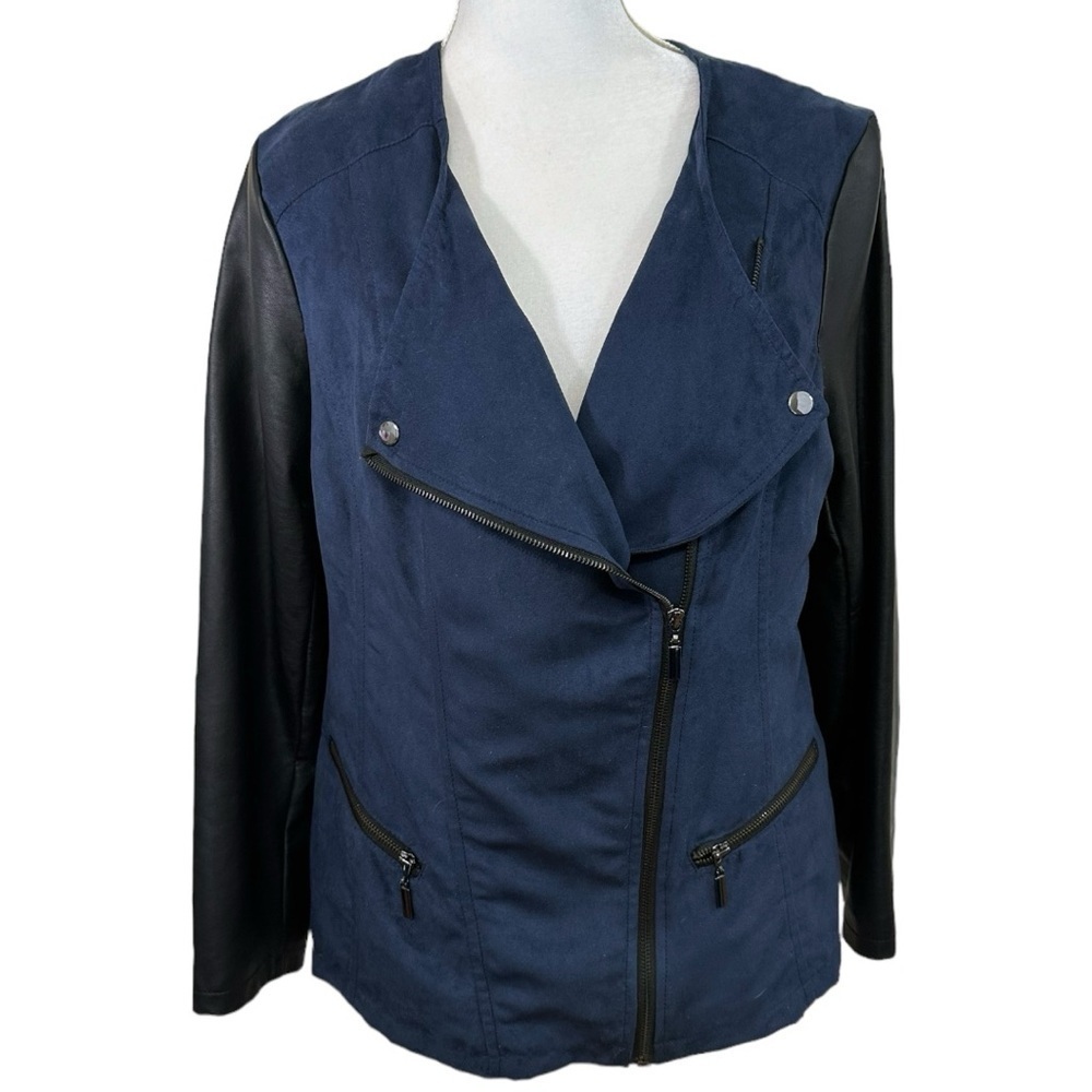 Alfani Women- Navy Faux Suede w/ Black Faux Leather Sleeve Bomber Jacket- 1X